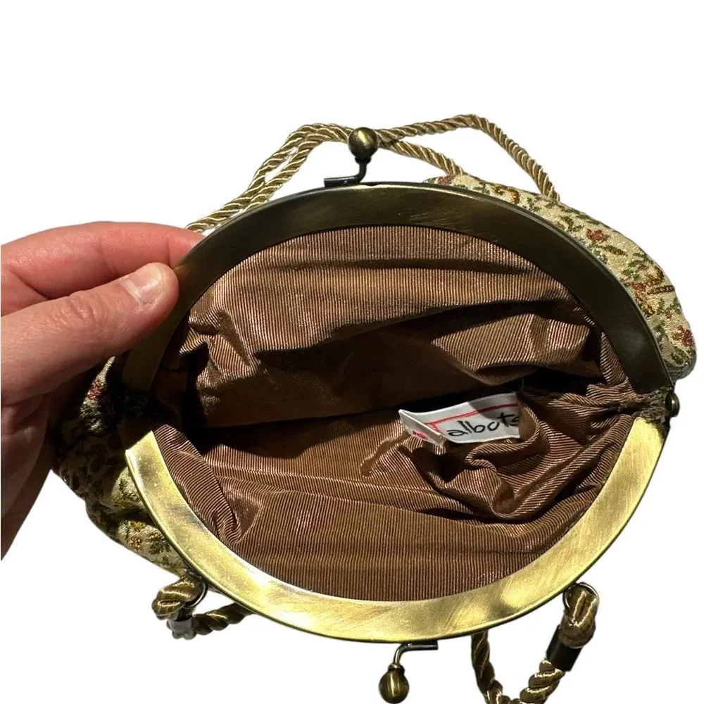 Talbots Vintage 1970 Floral Brocade Evening Bag Gold Rope Strap Clutch Purse